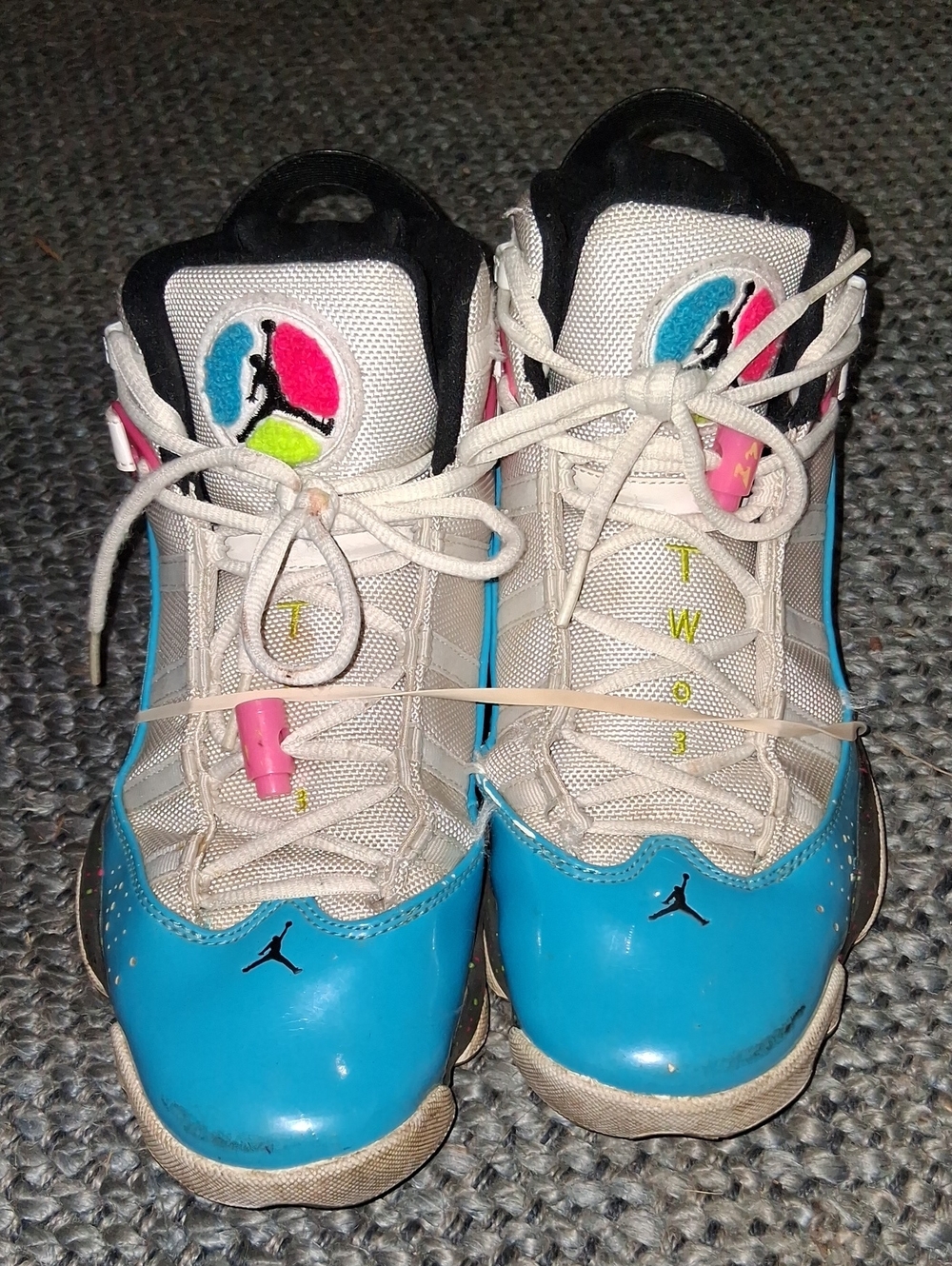 Jordan 6 Kids Blue & White Sneakers with Pink & Neon Accents